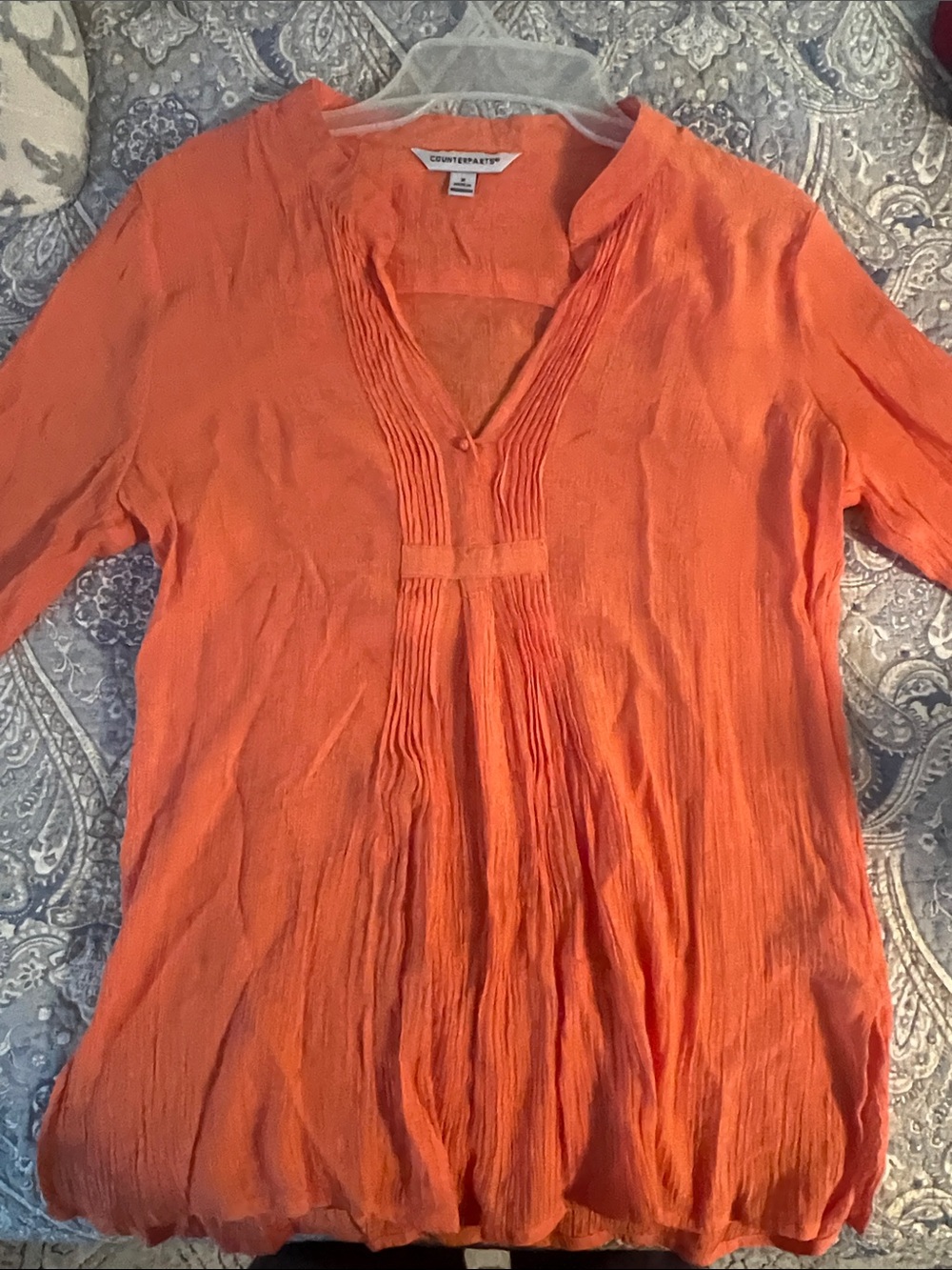 Counterparts Bright Orange Pleated V-Neck Tunic Top